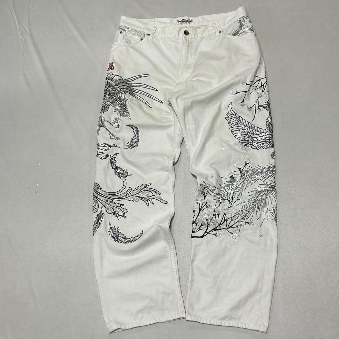 00s 絡繰魂 W40 鳳凰 龍 和柄 刺繍 デニム バギーパンツ 極太