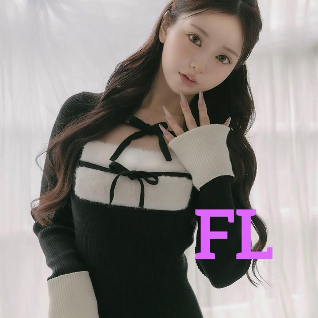 Darich リボンファーフレアニットミニワンピース FLサイズ ブラック