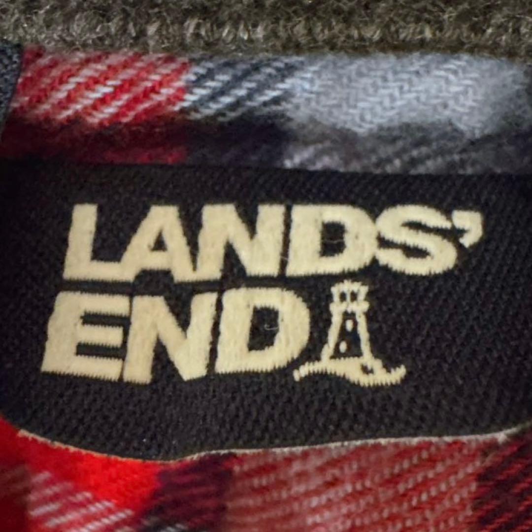 90s✨ランズエンド（XL）フルジップジャケット 本革トリム 裏地チェック灰色