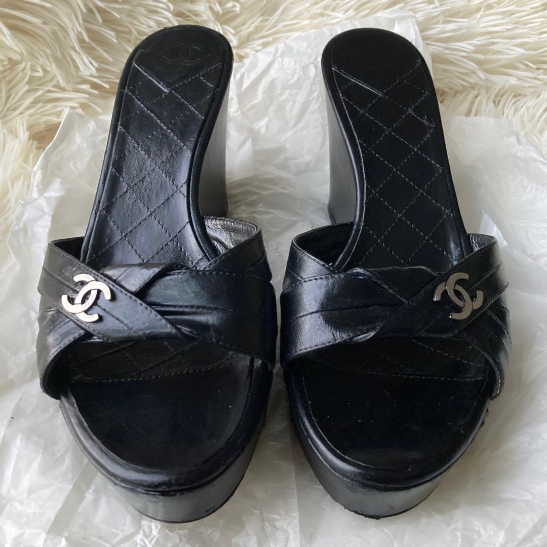 CHANEL/シャネル■ウェッジソール ミュール サンダル ココマーク■黒 36