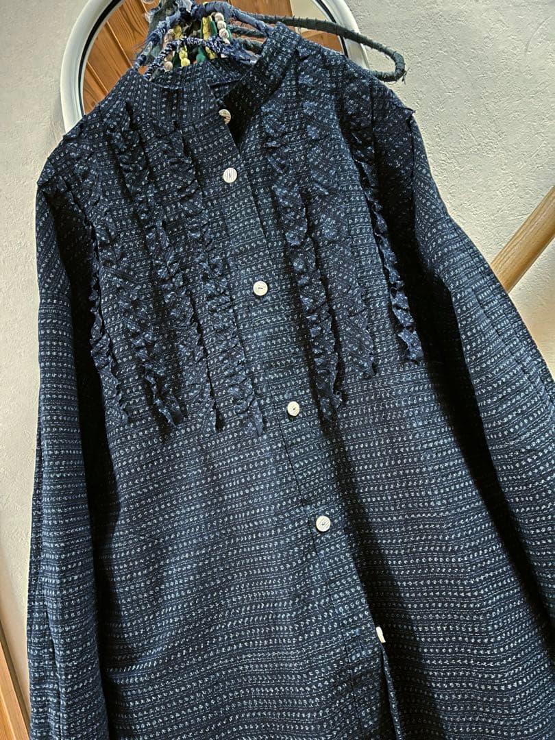 古布リメイク　久留米絣　チュニック　ロングシャツ　フリル　ハンドメイド