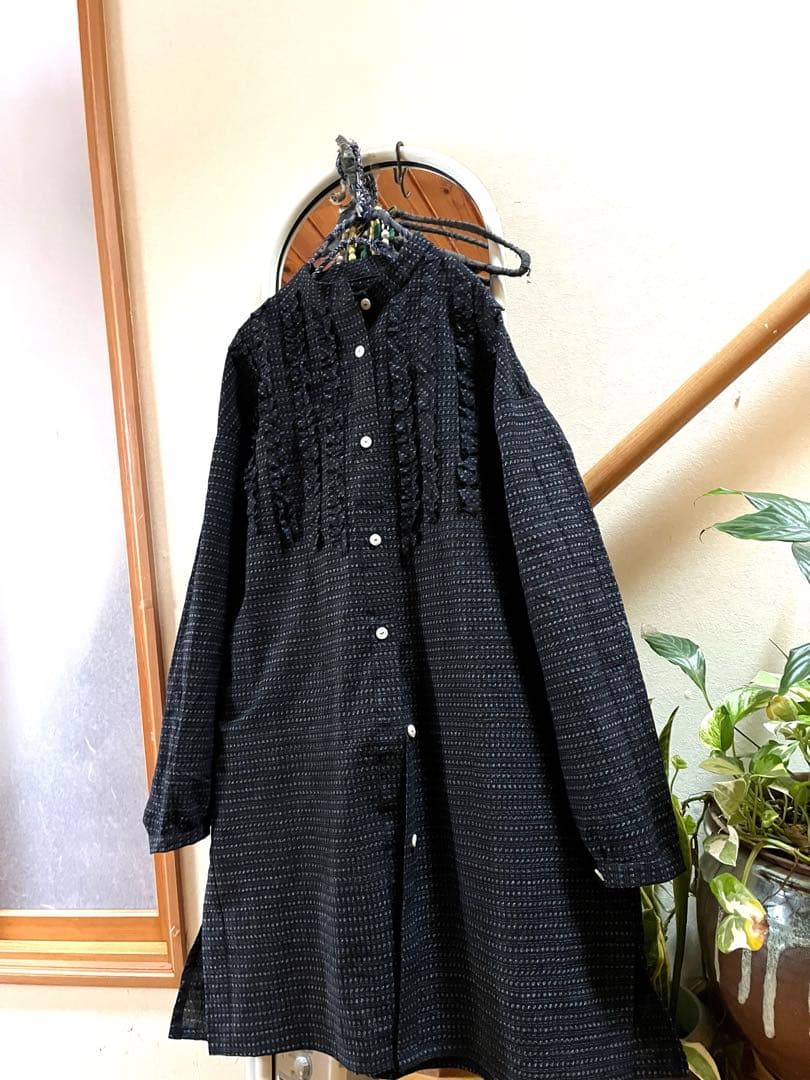 古布リメイク　久留米絣　チュニック　ロングシャツ　フリル　ハンドメイド
