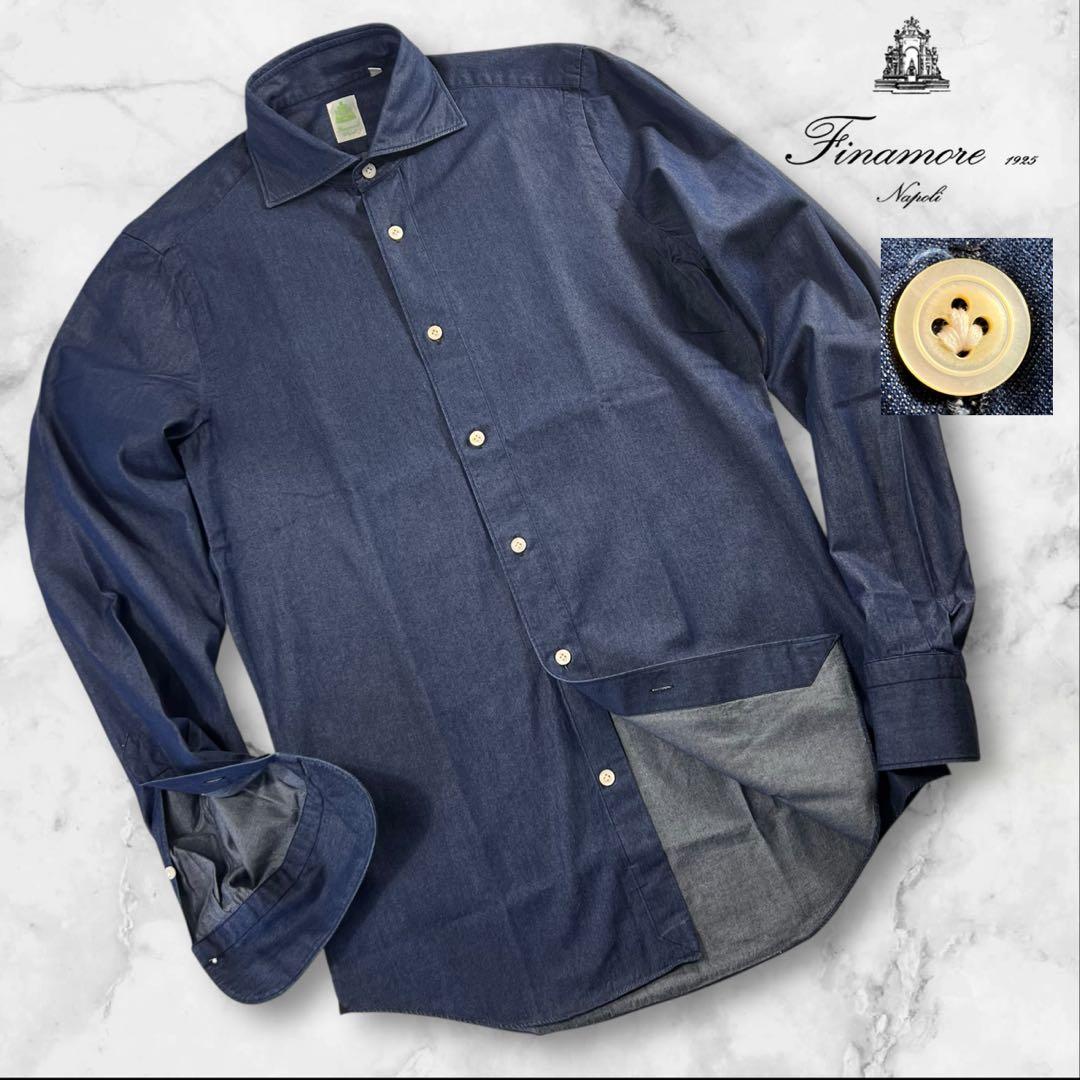 新品同様 Finamore デニム ドレスシャツ サイズS インディゴ染め
