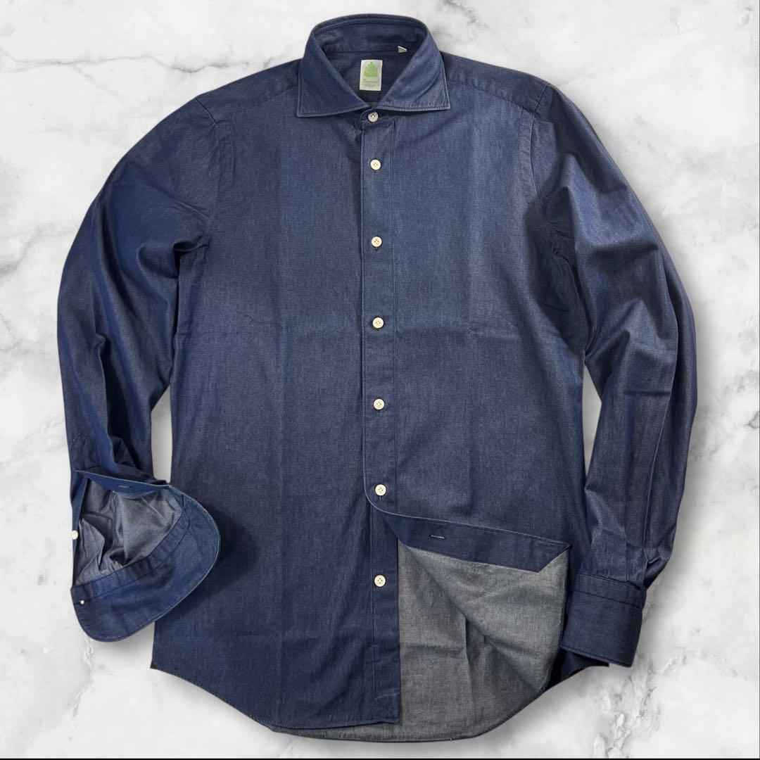 新品同様 Finamore デニム ドレスシャツ サイズS インディゴ染め