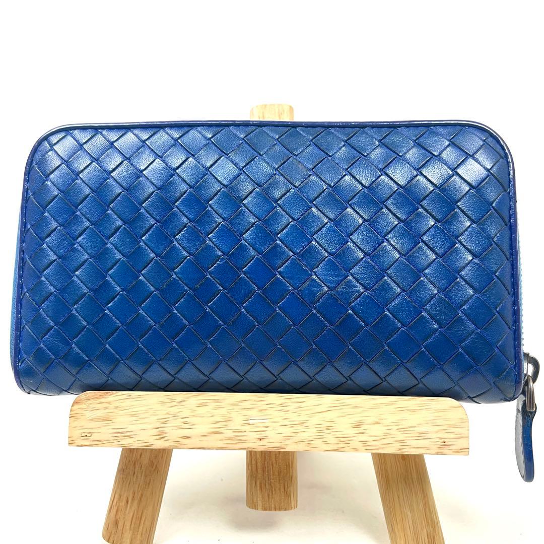 ボッテガヴェネタ　長財布　ラウンドファスナー　イントレチャート　レザー　ブルー