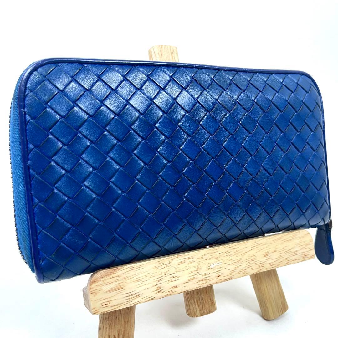 ボッテガヴェネタ　長財布　ラウンドファスナー　イントレチャート　レザー　ブルー