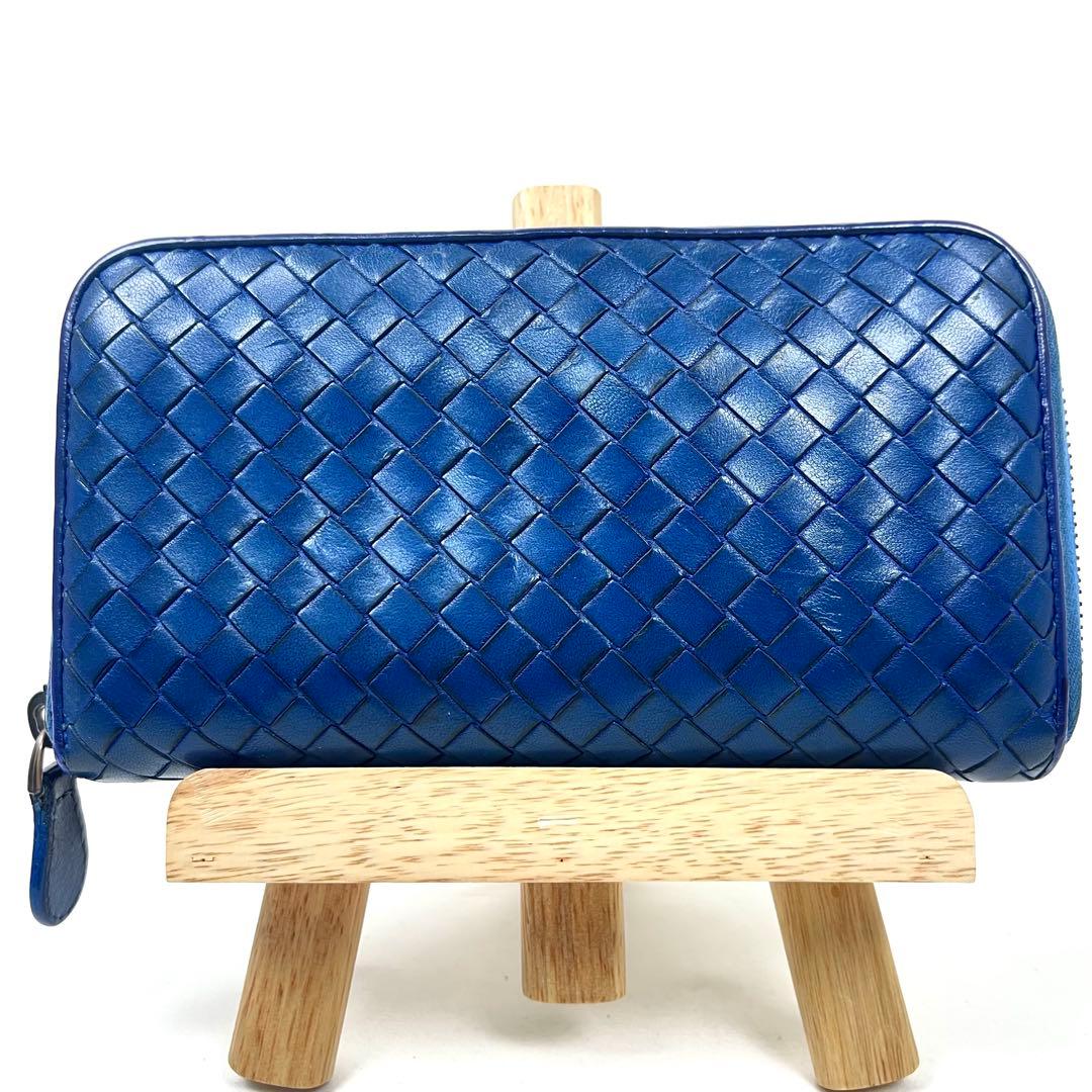 ボッテガヴェネタ　長財布　ラウンドファスナー　イントレチャート　レザー　ブルー