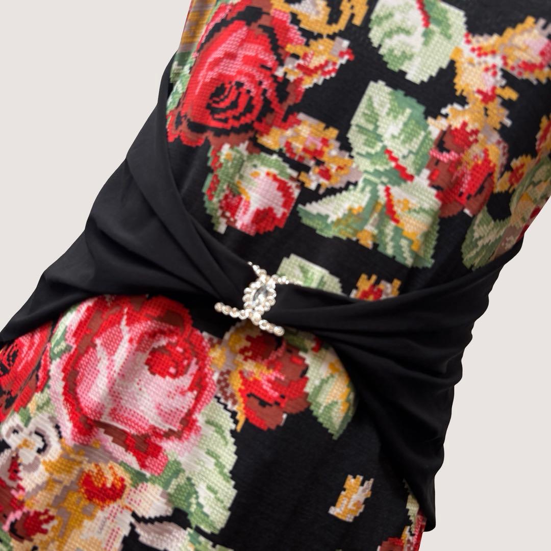 【美品】イチオク 社交ダンス ドレス ワンピース 花柄 ローズ ティアード 黒