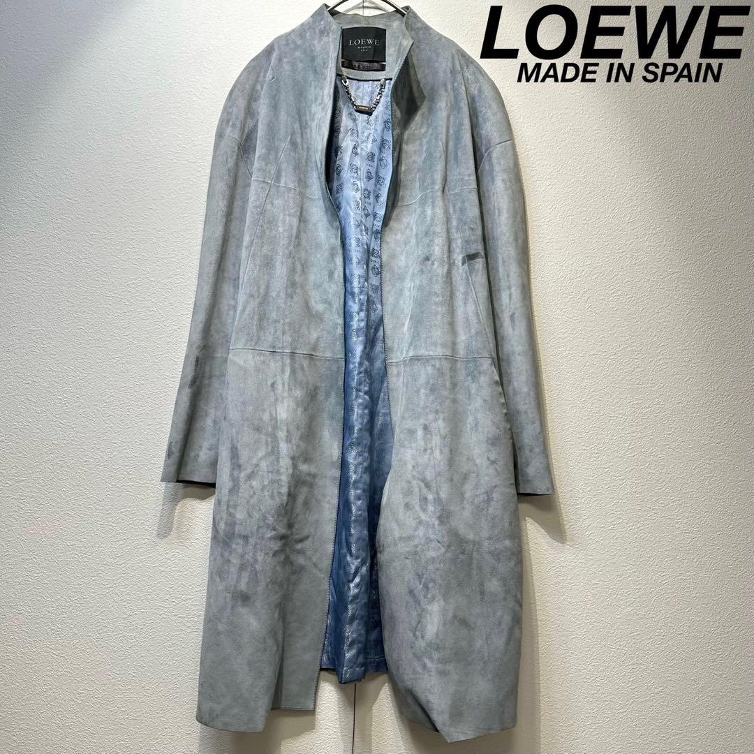 希少 LOEWE 上質 スエード レザー モノグラム デザイン ノーカラーコート