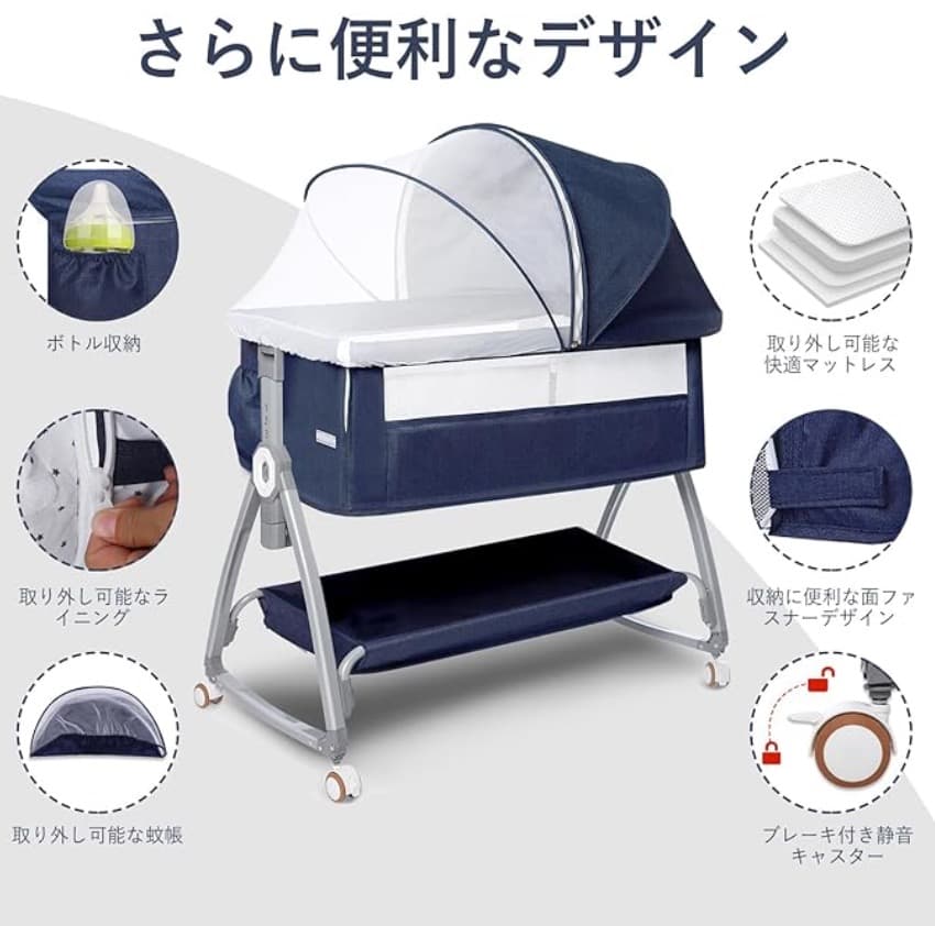 [2024新型:新品未使用] ベビーベッド（色：ブルー）