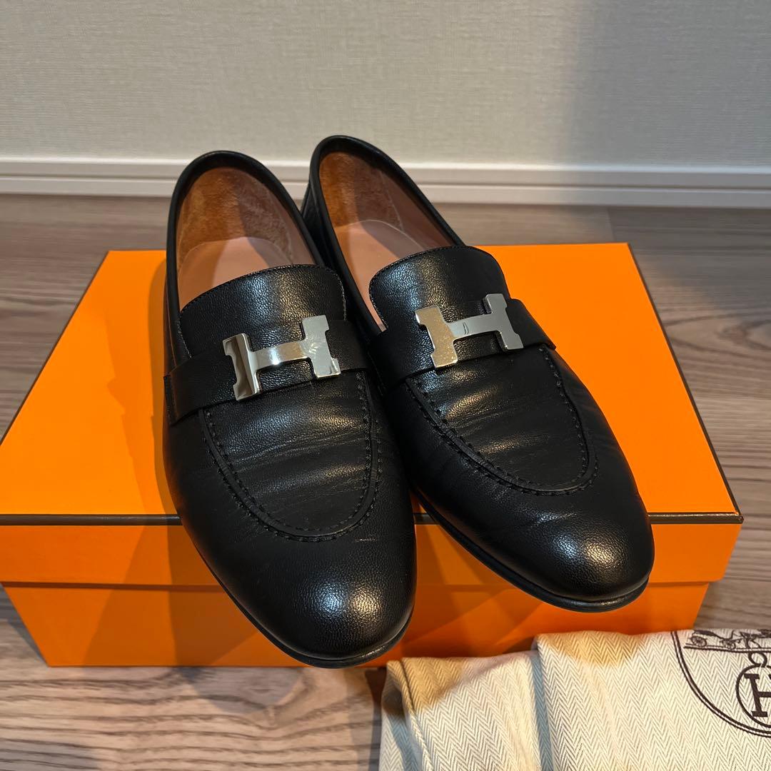 【ありがと】エルメス モカシンパリ 黒 シルバー　37.5