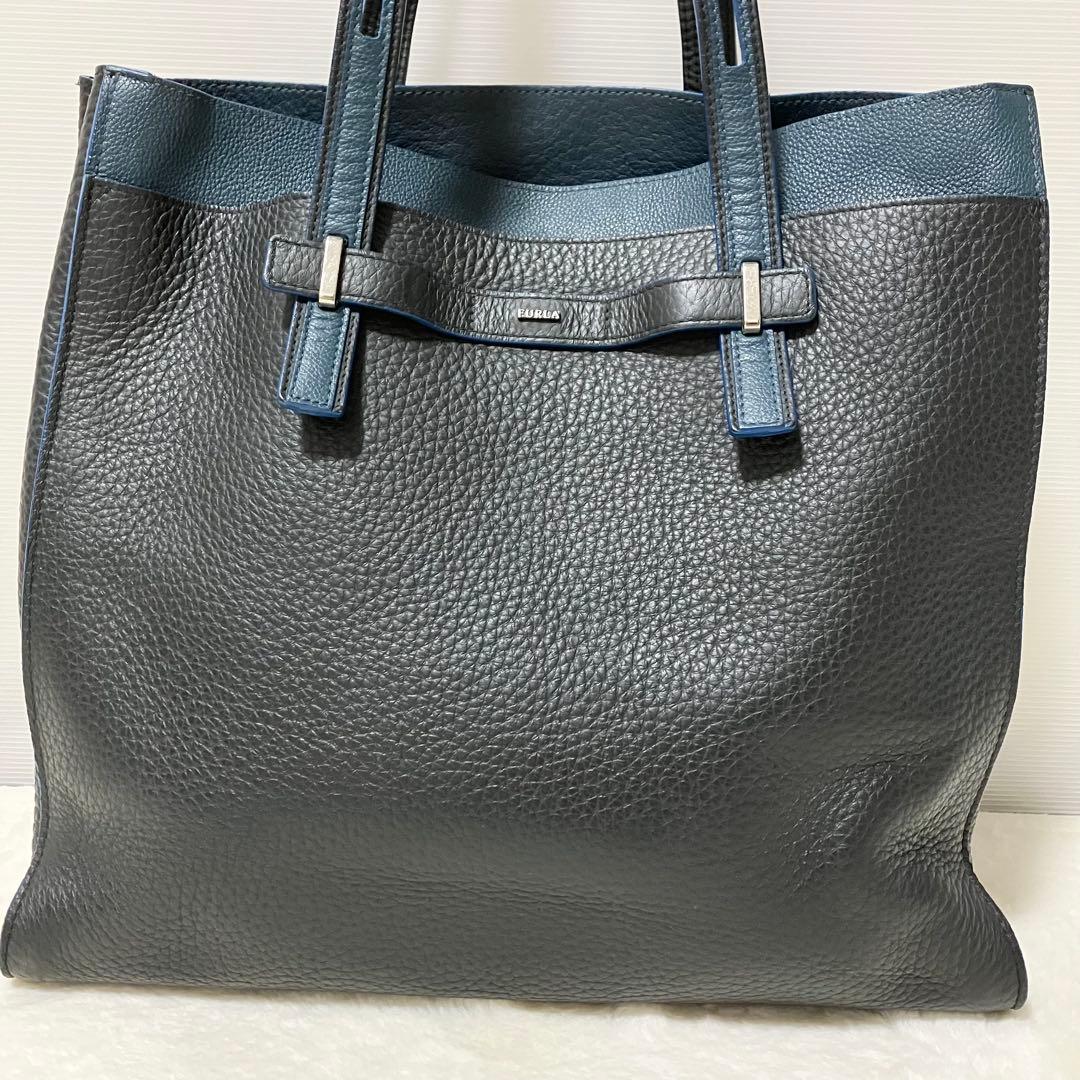 大容量 FURLA ジョーヴェ トート ビジネス バッグ A4 シボ革 黒 青