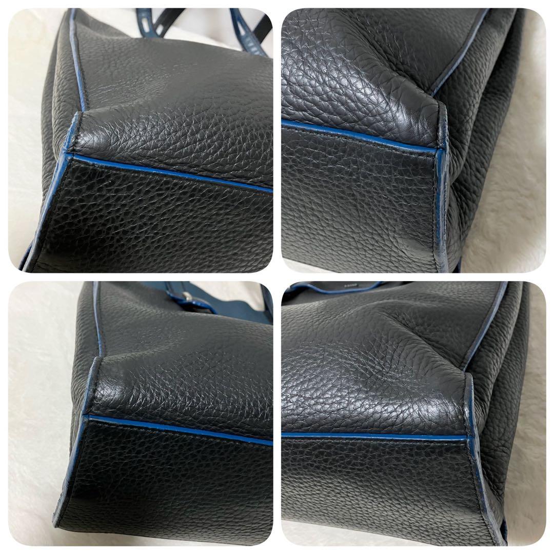 大容量 FURLA ジョーヴェ トート ビジネス バッグ A4 シボ革 黒 青