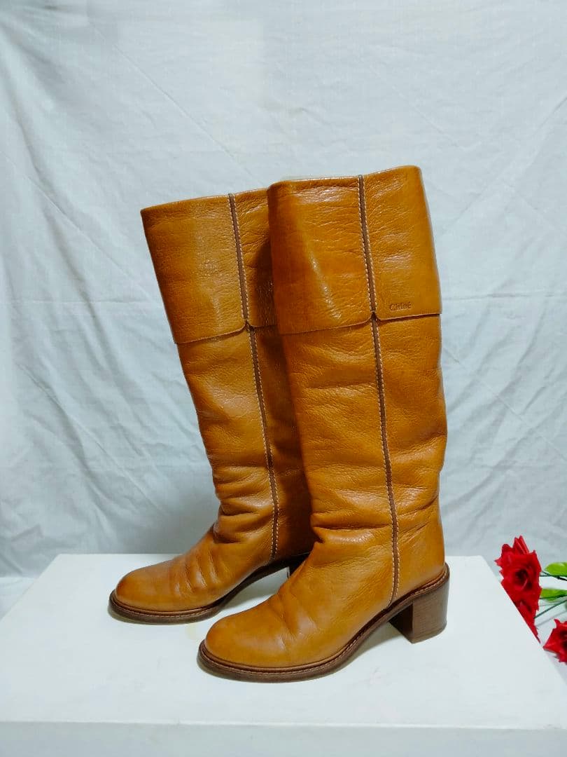 クロエ CHLOE キャメル レザー ロングブーツ ヒール 39