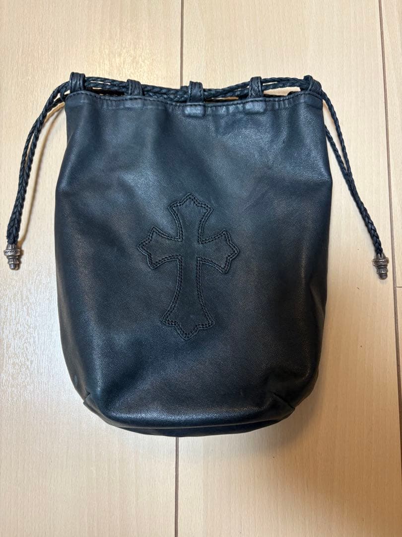 クロスパッチドローストリングサックレザー巾着ハンドバッグ