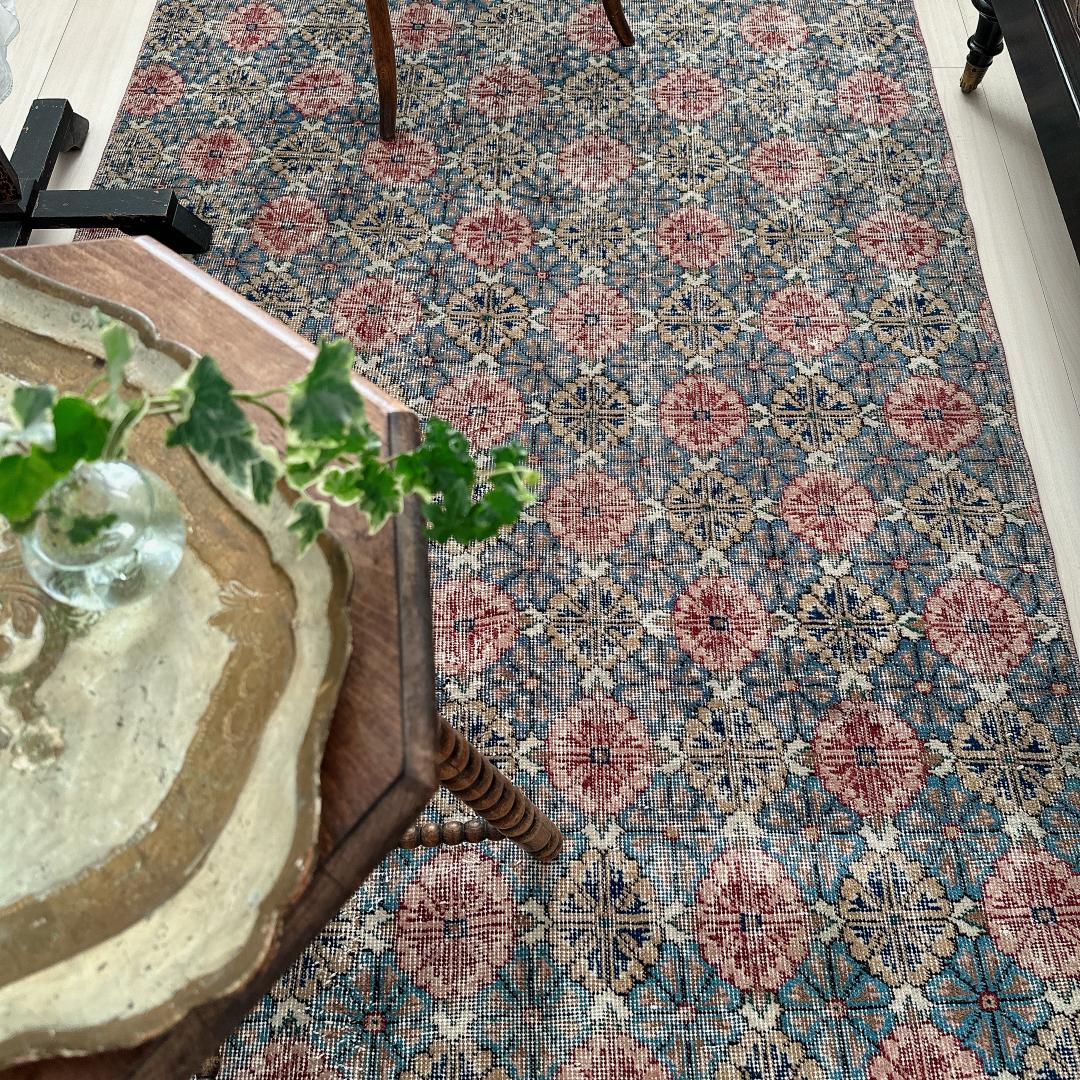 トルコ ヴィンテージラグA3 大判 レア ブルー グレー ベージュ ピンク