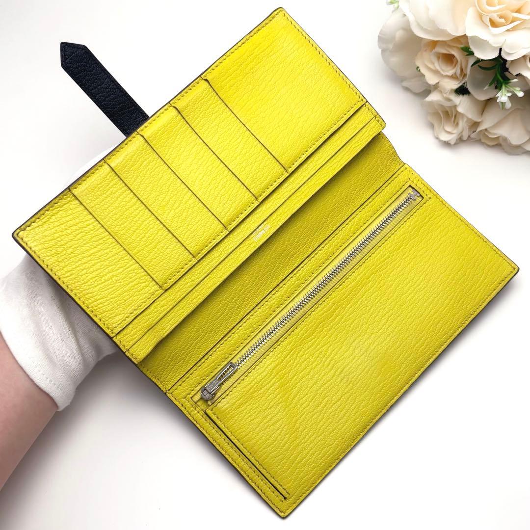 HERMES べアン スフレ 二つ折り 長財布 ネイビー 紺 イエロー 黄色 青