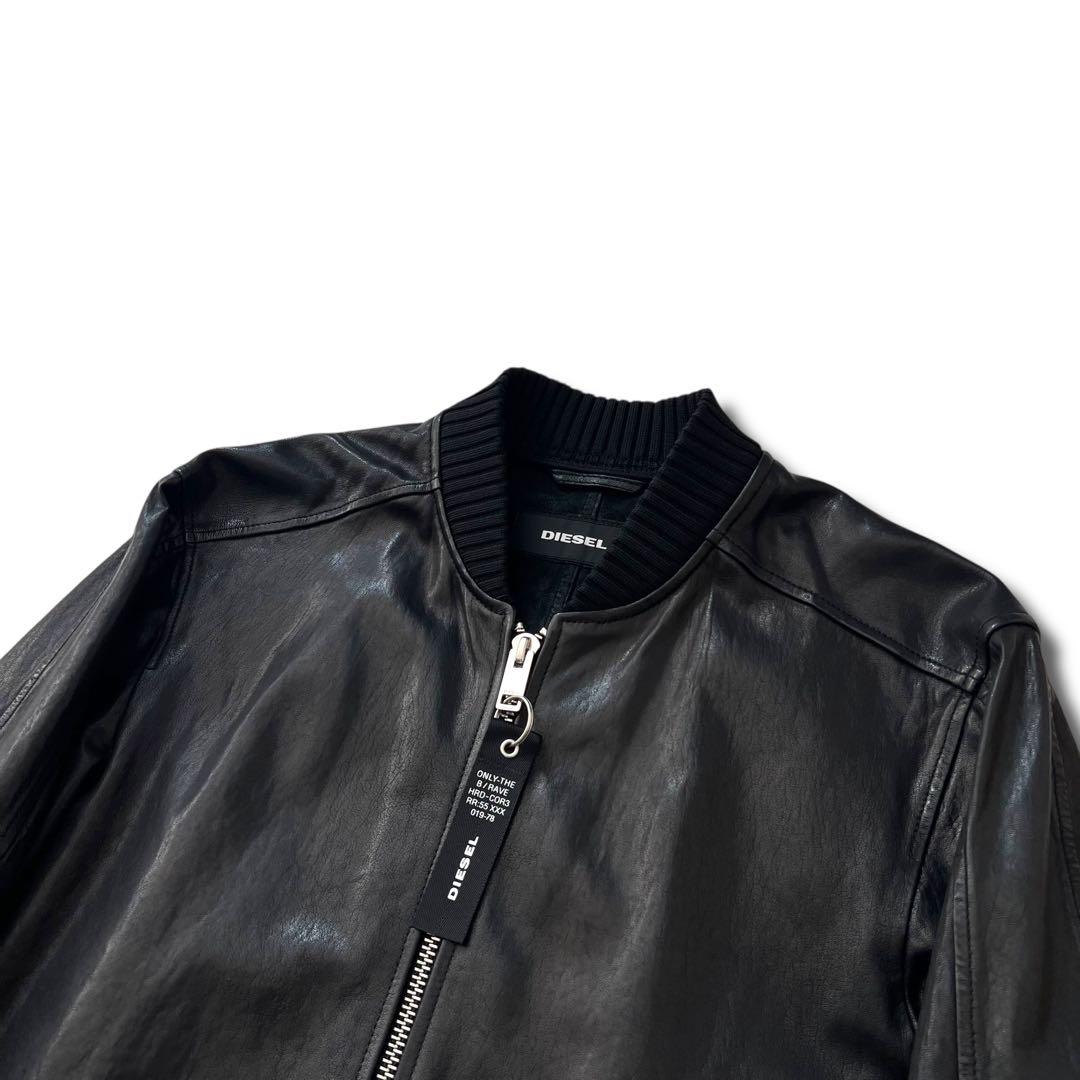 良品 DIESEL ラムレザー ボンバー ジャケット M リブ ダメージ加工