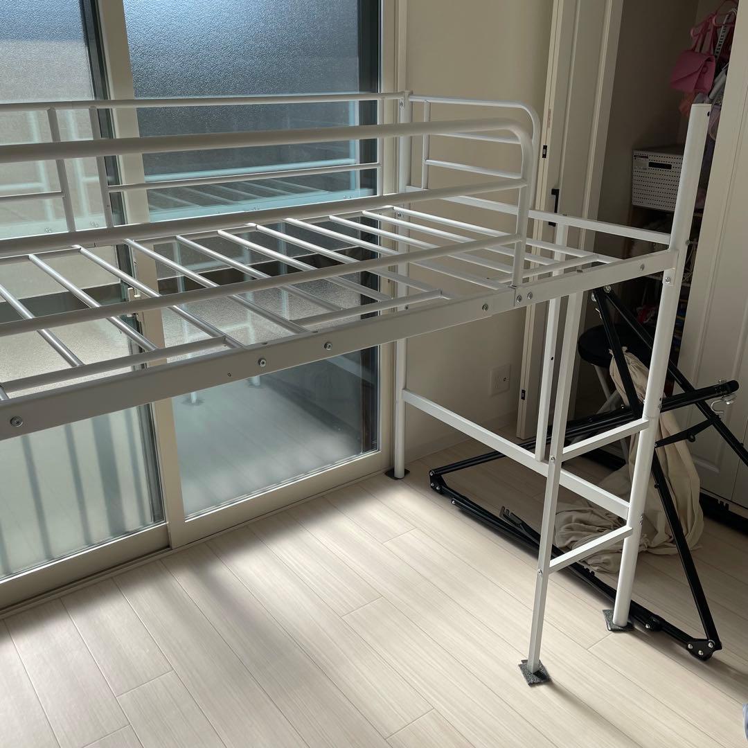 ホワイト ロフトベッド 棚付き シングルサイズ