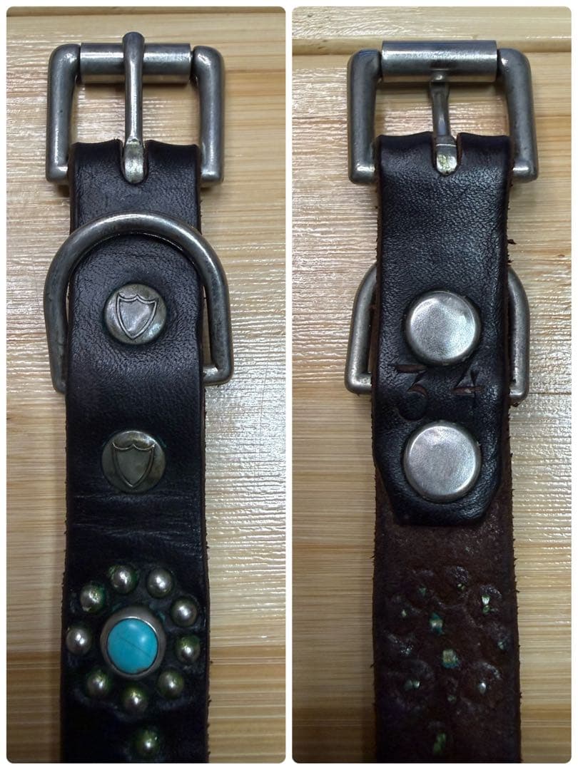 美品⭐️HTC⭐️ナローベルト⭐️フラワーターコイズ⭐️ブラックレザー(茶芯)⭐️34