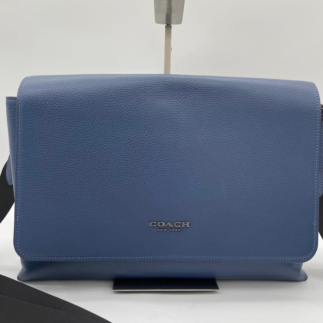 【未使用級】コーチ　ケイレブ　メッセンジャーバッグ　ガンメタ　レザー　青