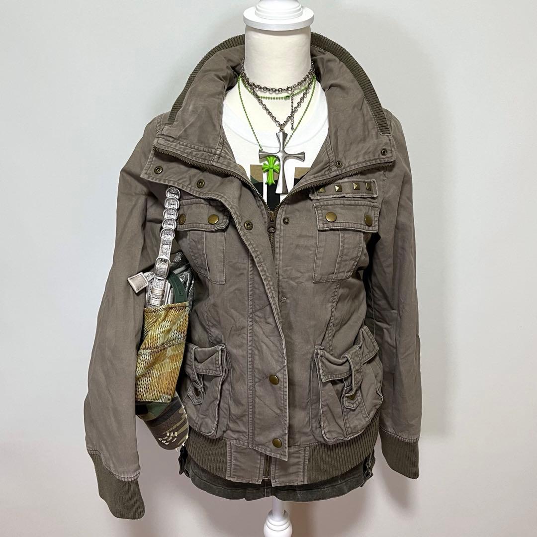 y2k gather military グランジ ミリタリージャケット カーキ