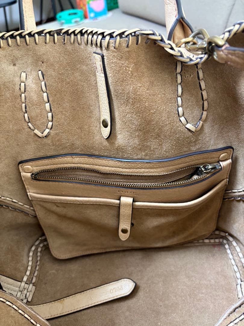 ベージュ レザー トートバッグ 編み込みデザイン