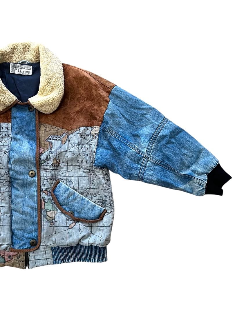 90's J Galleryジェイギャラリー襟ボアデニム地図柄ジャケットM