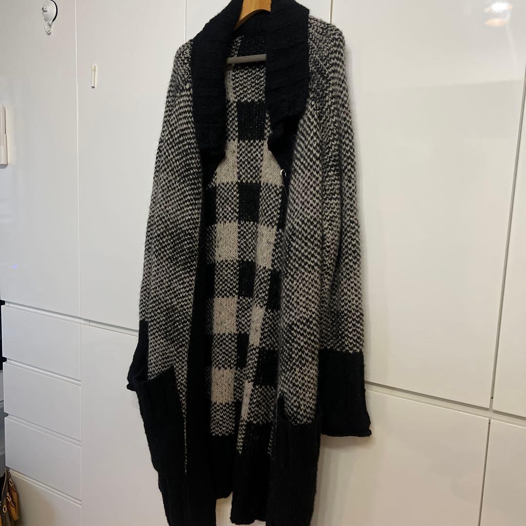 GroudY ロングニットカーディガン 黒とグレー チェック柄