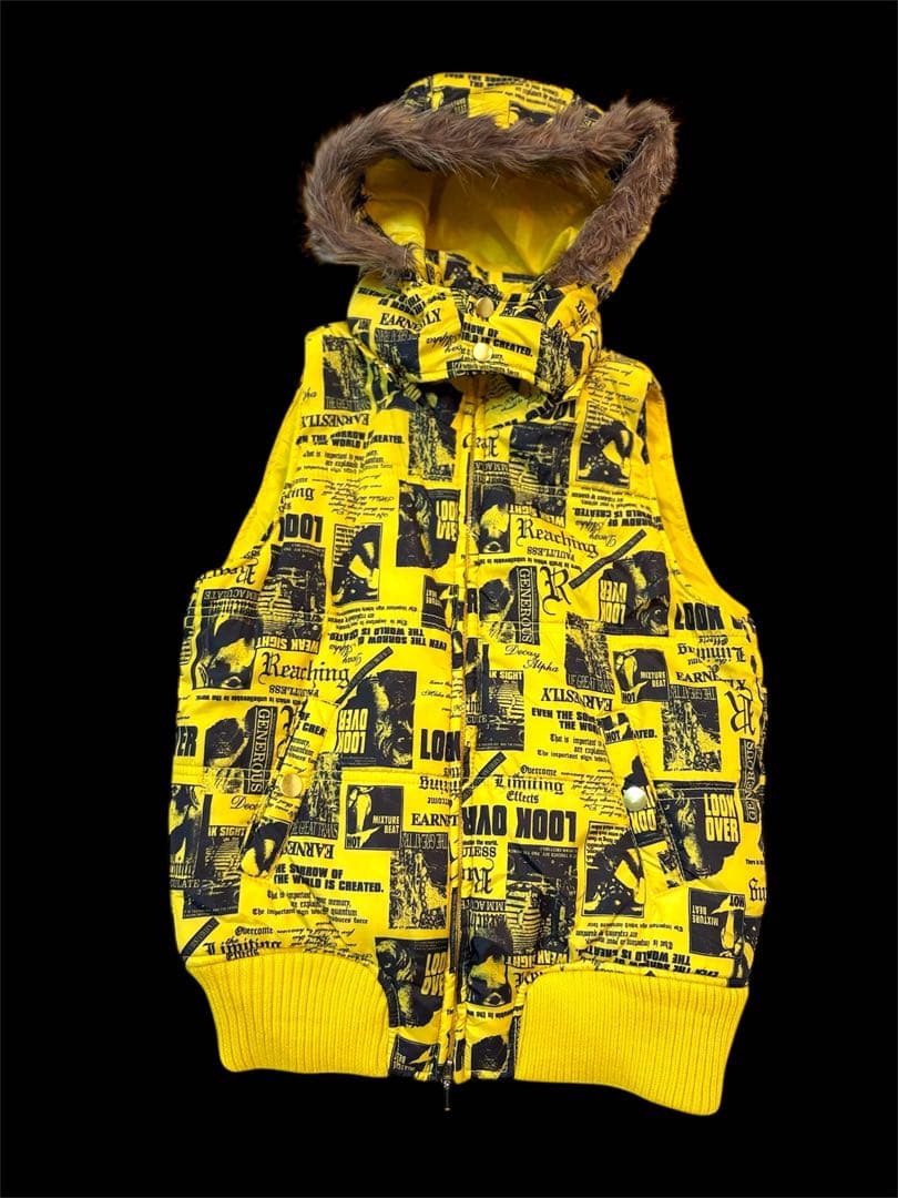 レア美品　平成ギャル ファー　ダウンベスト　フーディ　リブ　短丈　英字♡ y2k