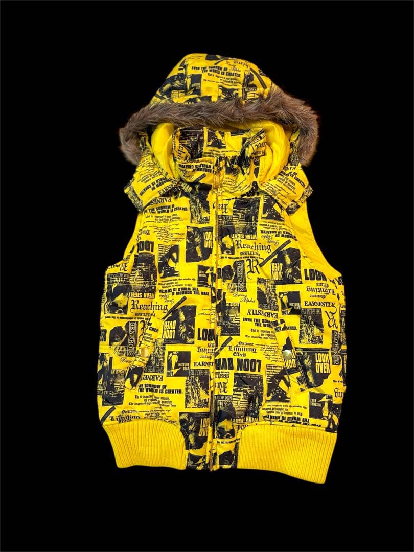 レア美品　平成ギャル ファー　ダウンベスト　フーディ　リブ　短丈　英字♡ y2k