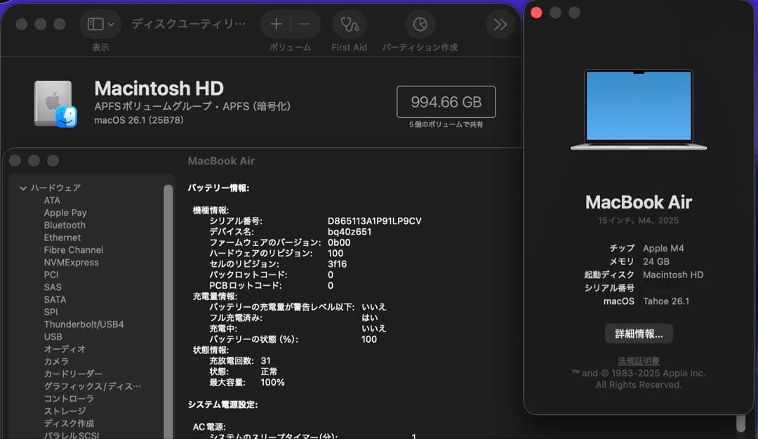 美品 MacBook Air 15 M4 1TB 24GB US配列 シルバー