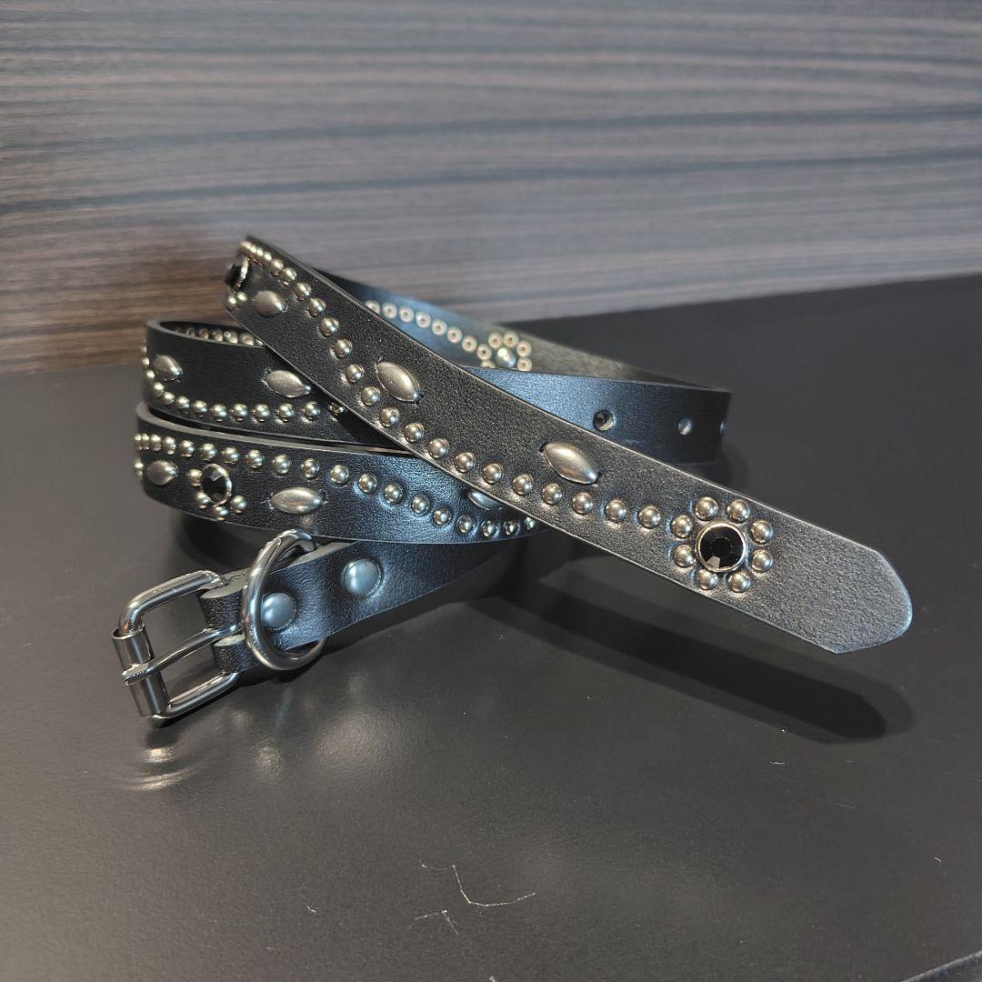 フラワー黒■本革レザーフルスタッズナローベルト☆アメカジ古着ヴィンテージ
