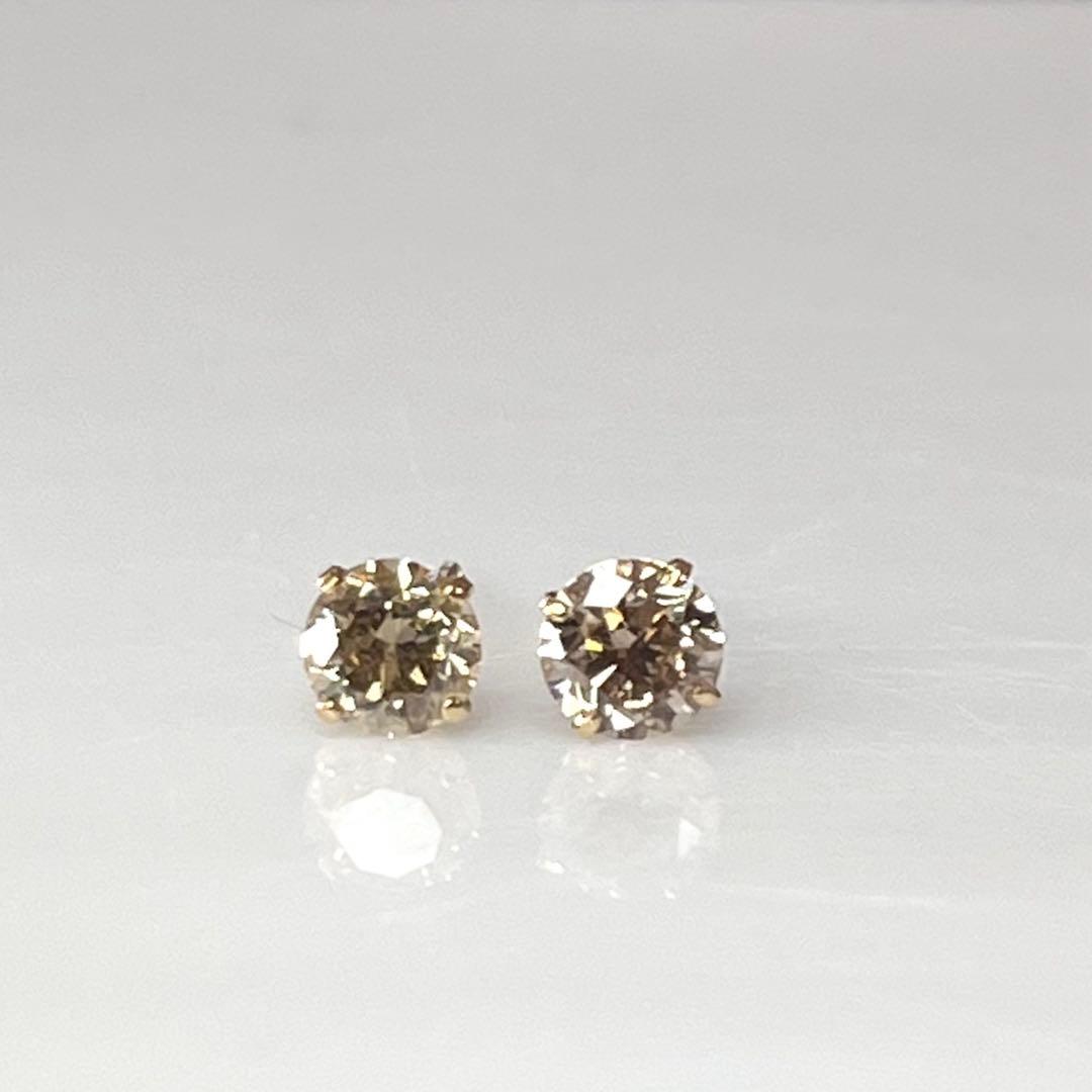 K18 天然ダイヤモンド4本爪ピアス 計0.8ct ブラウン系 鑑別カード付き