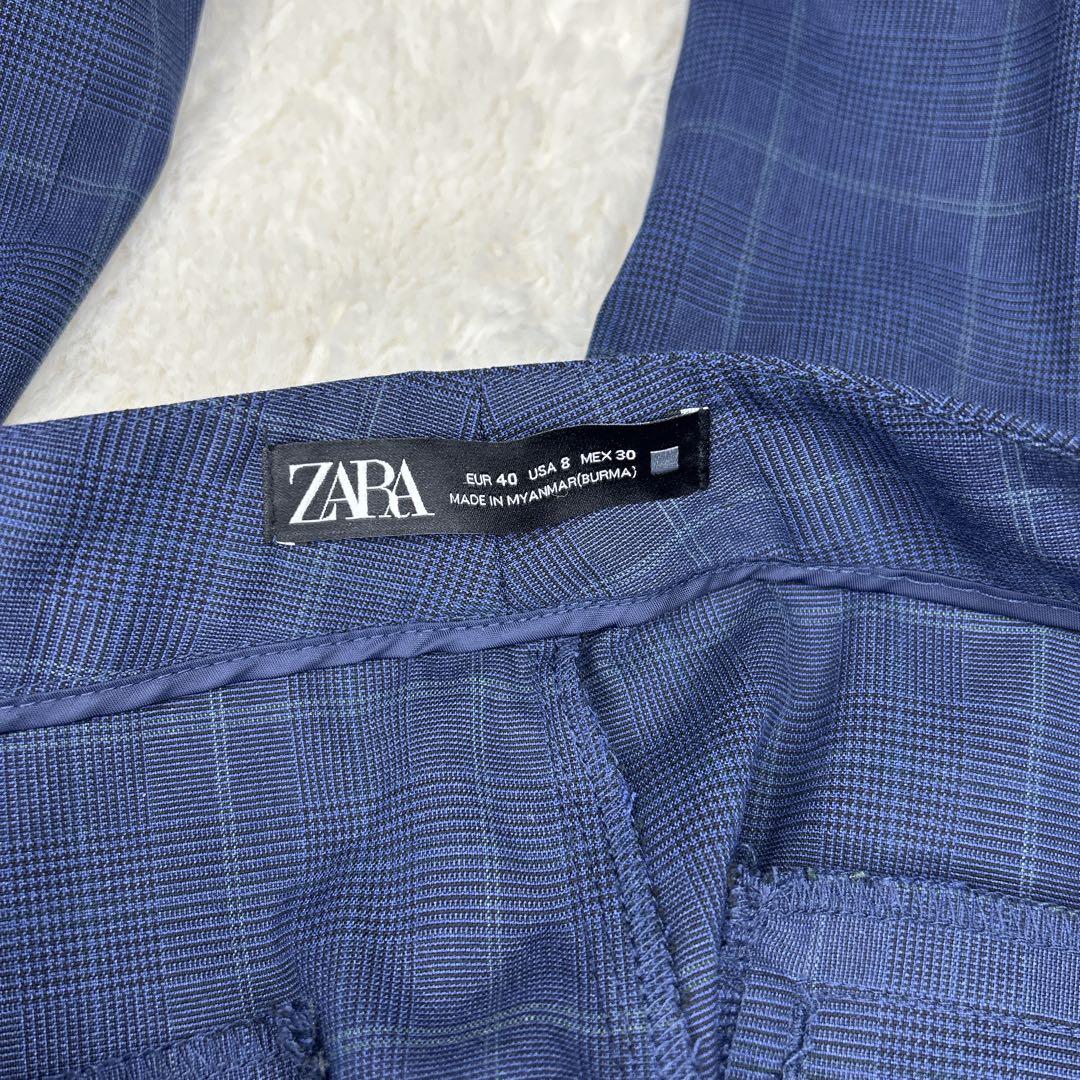 美品✨ZARA ザラ　ノーカラーパンツスーツ　ネイビー チェック 40 洗える