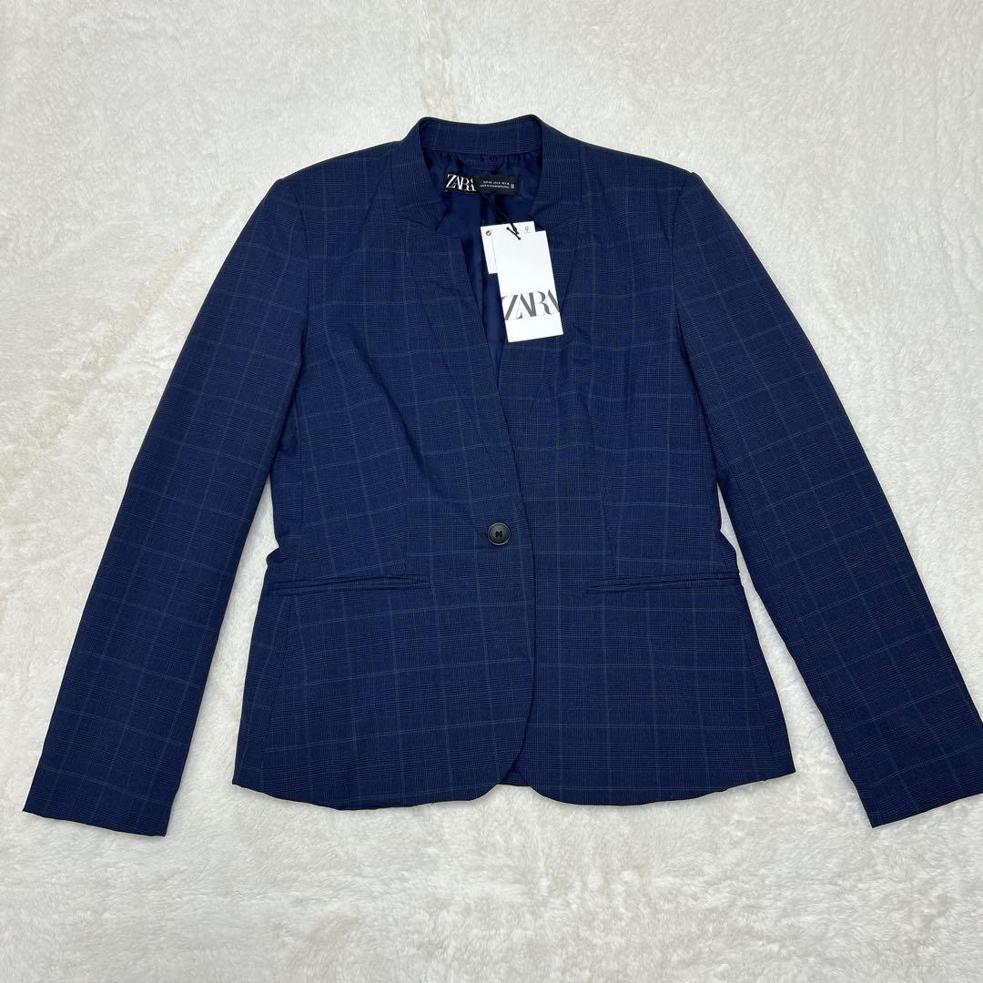 美品✨ZARA ザラ　ノーカラーパンツスーツ　ネイビー チェック 40 洗える