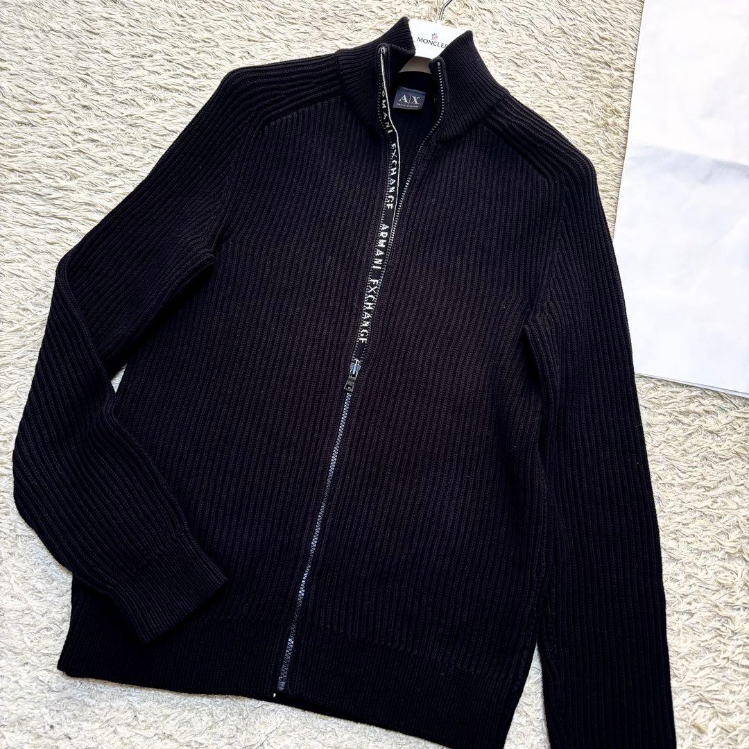 希少サイズL アルマーニ ドライバーズニット 太め リブ 高級ジップ ロゴ 黒