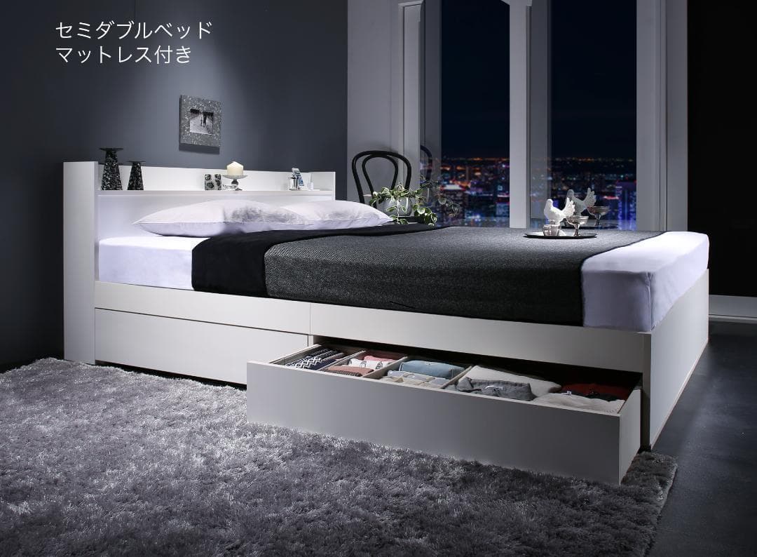 【こむぎ】セミダブルベッド 収納 棚 2口コンセント マットレス付W
