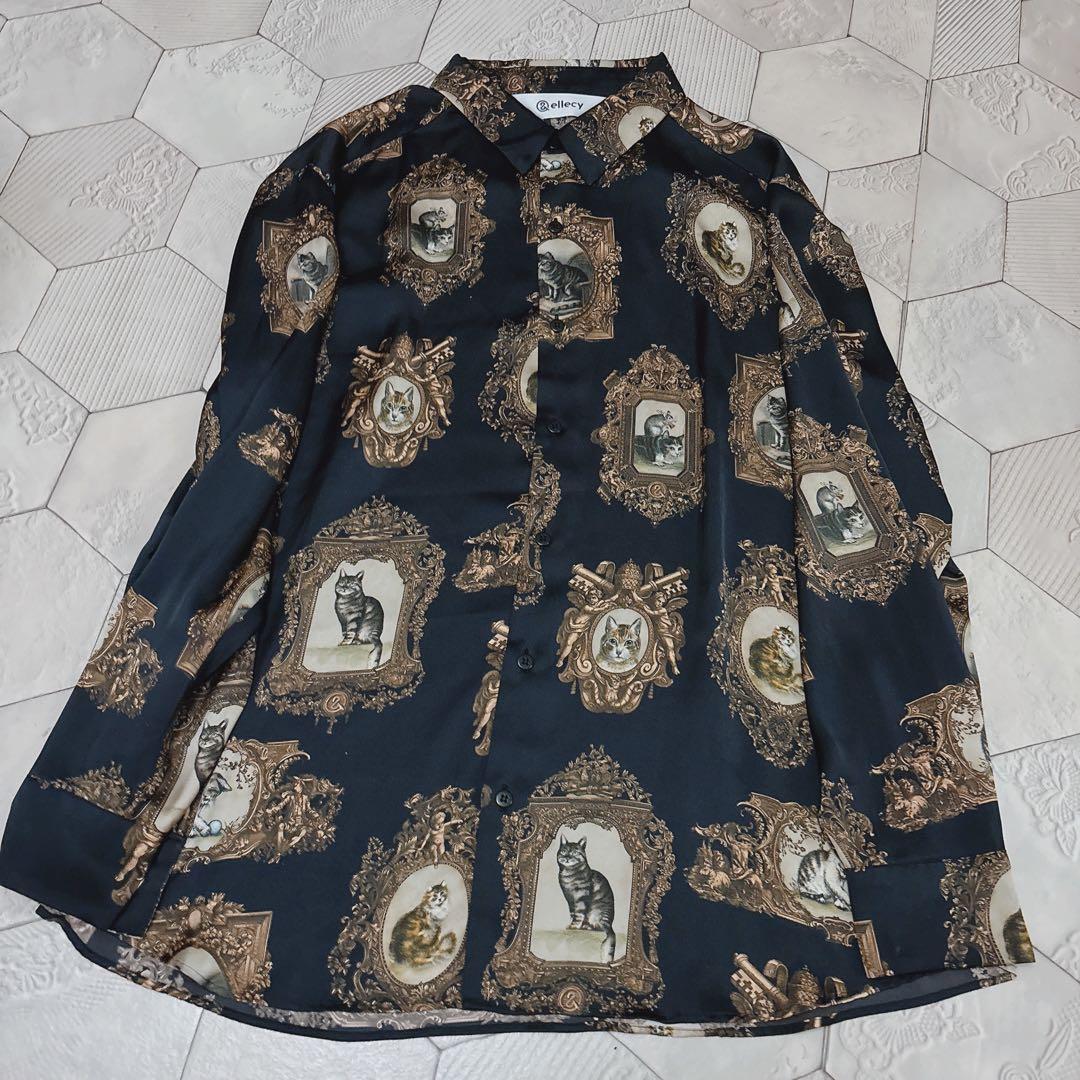 &ellecy ネコフレームシャツ　長袖　ブラック