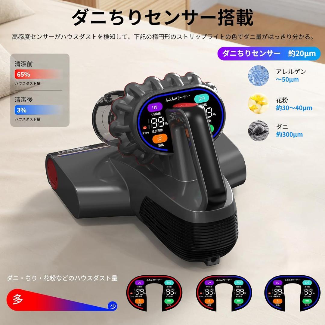 布団クリーナー コードレス 13Kpa ふとん掃除機 ダニちりセンサー搭載 超