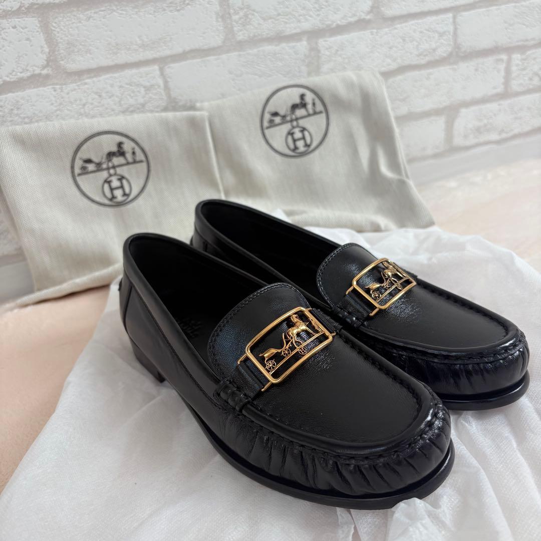 【未使用】　エルメス　モカシン　ケッシー　ローファー　レザー　ブラック　馬車金具