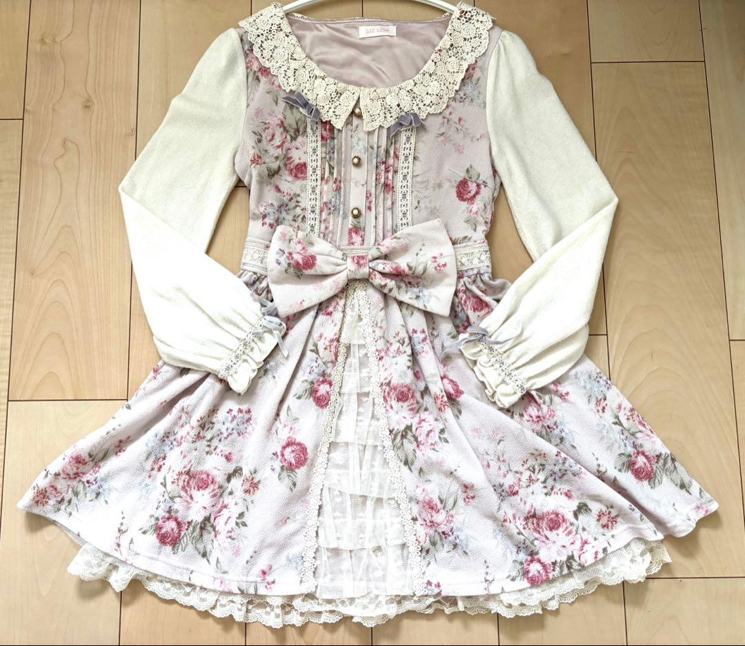 リズリサ　ビッグリボン付き　レース襟　薔薇　花柄　長袖ワンピ