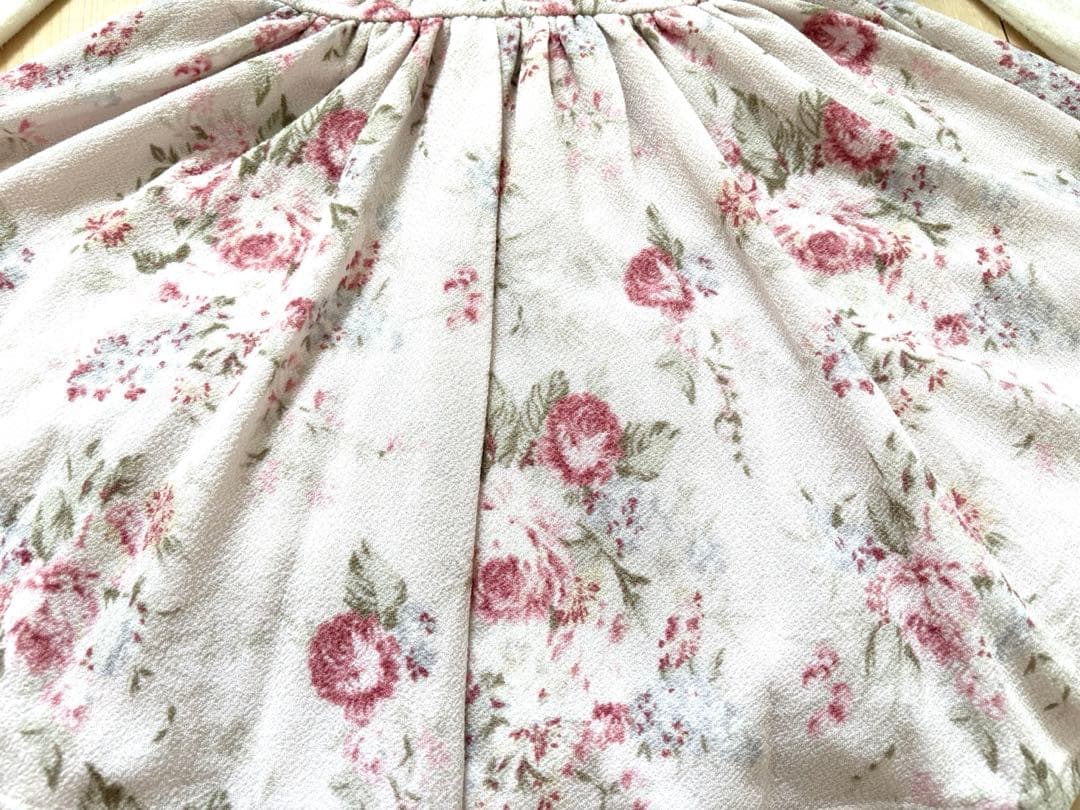 リズリサ　ビッグリボン付き　レース襟　薔薇　花柄　長袖ワンピ