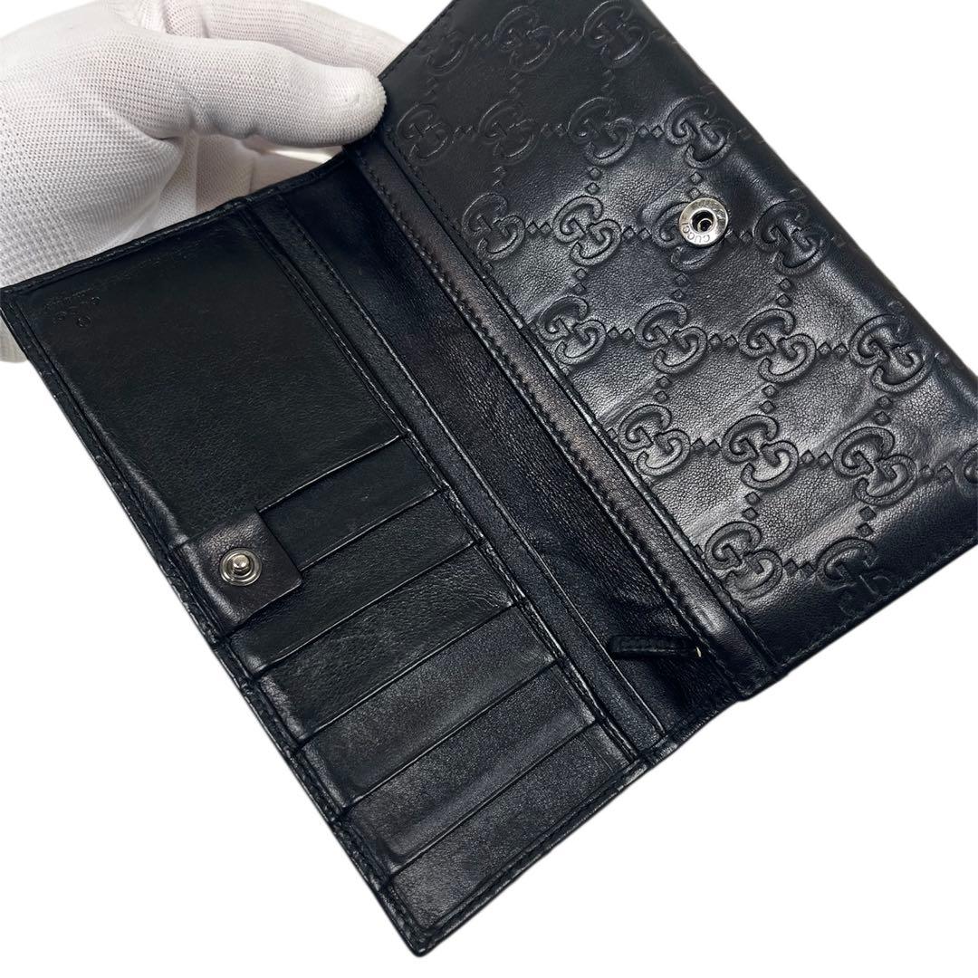 グッチ　ロゴプレート 長財布　GGシマレザー　エンボス加工　本革　ブラック　美品