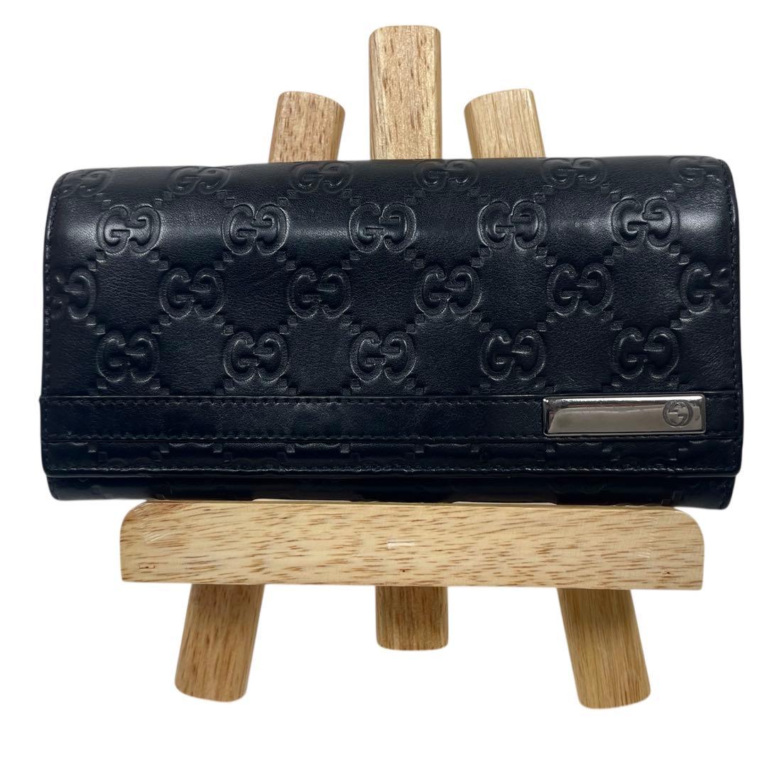 グッチ　ロゴプレート 長財布　GGシマレザー　エンボス加工　本革　ブラック　美品