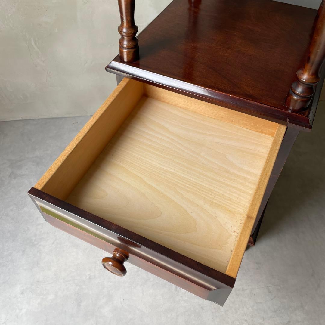 木製　桜材　ダークブラウン　電話台　民芸家具　抽斗４杯　アンティーク風　レトロ