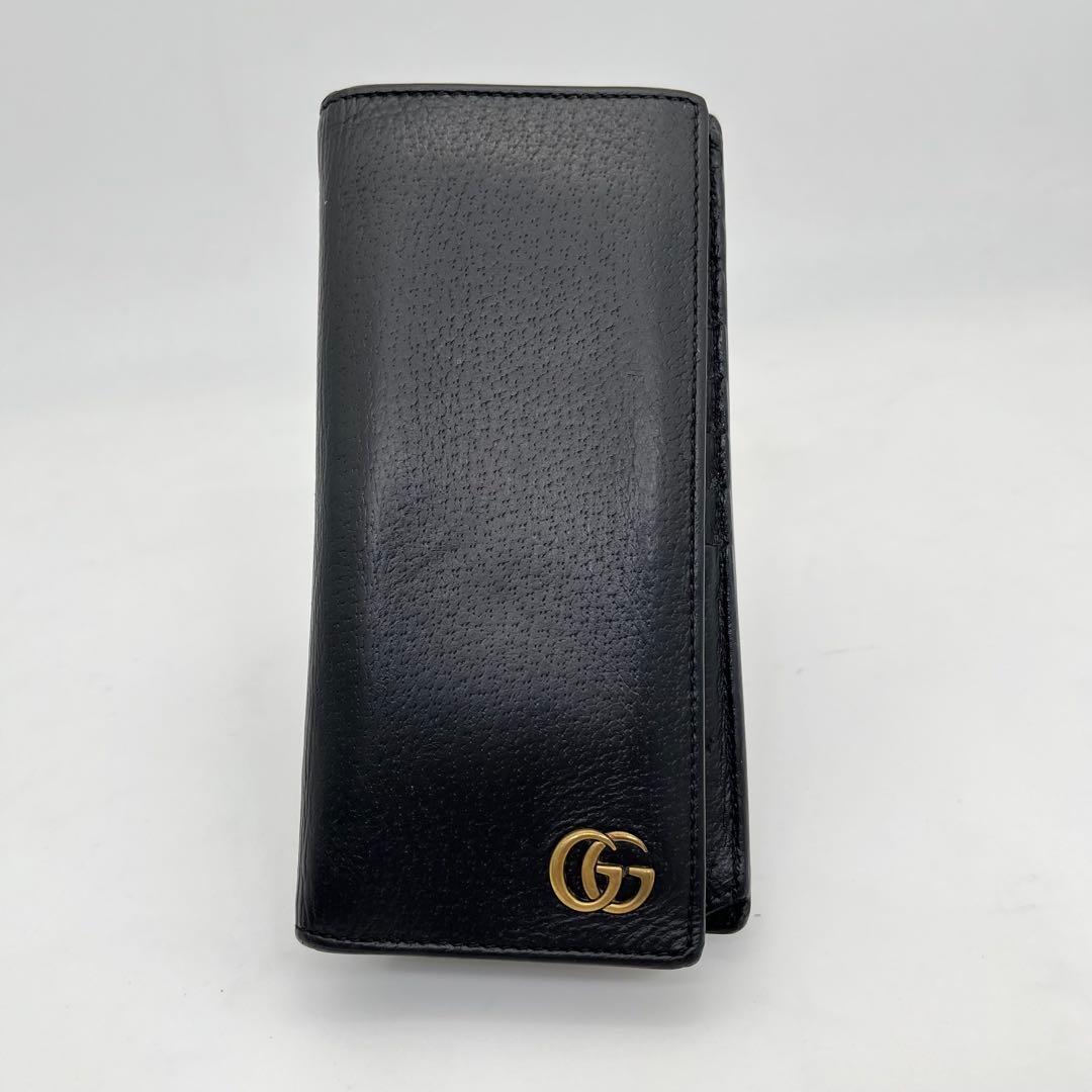 GUCCI 長財布 フラップ マーモント GG金具 ブラック レザー 男女可能