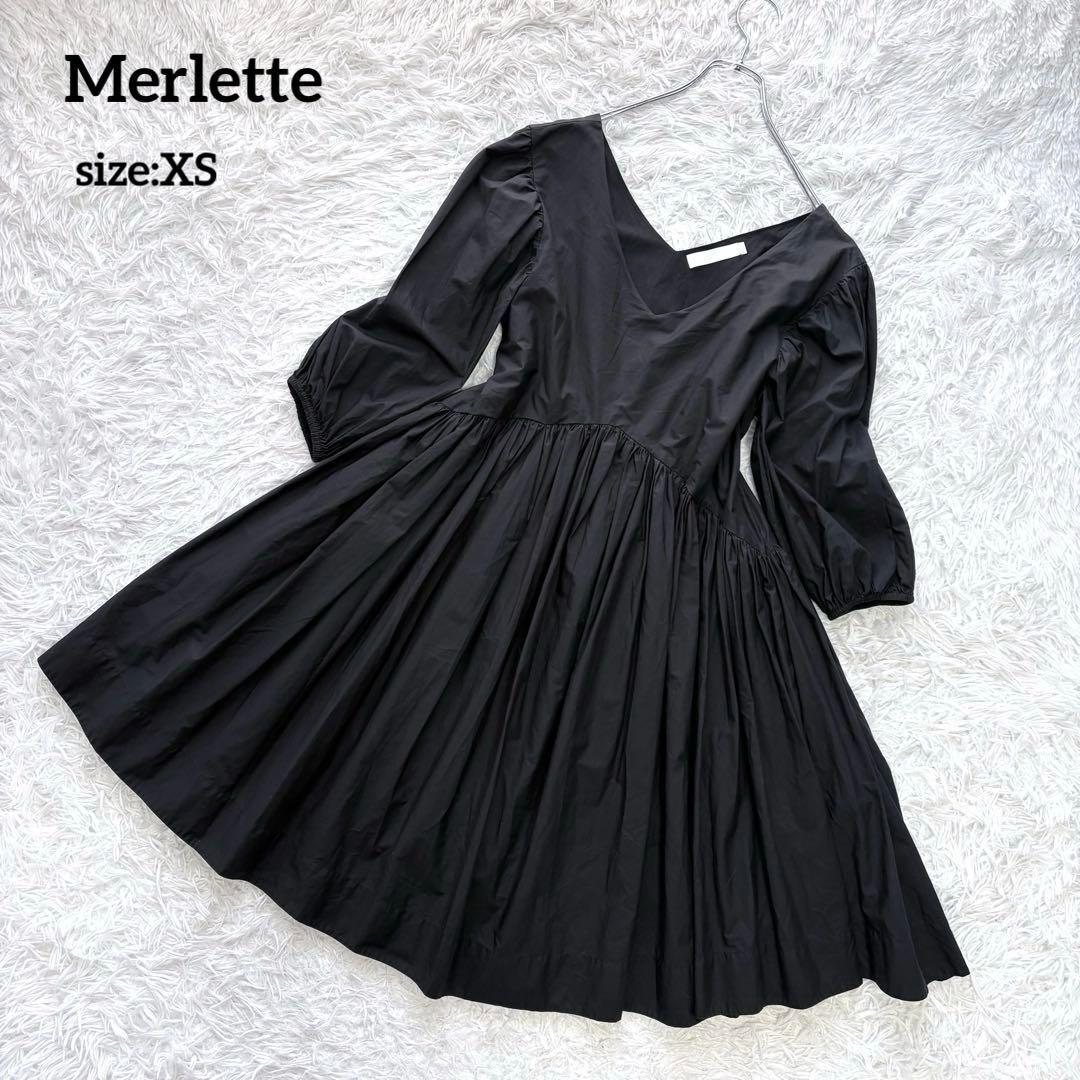 Merlette マーレット 膝丈ワンピース Vネック ギャザー ブラック XS