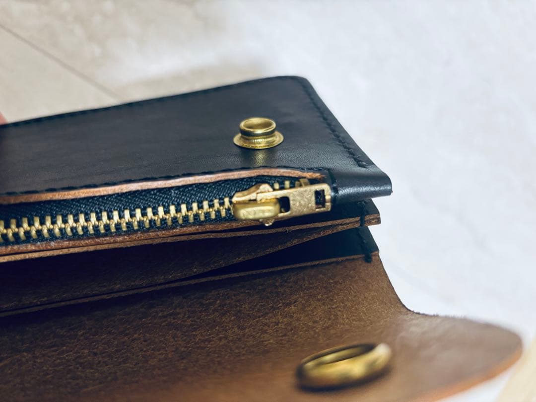 トラッカーウォレット　三層　茶芯　レザークラフト　ハンドメイド