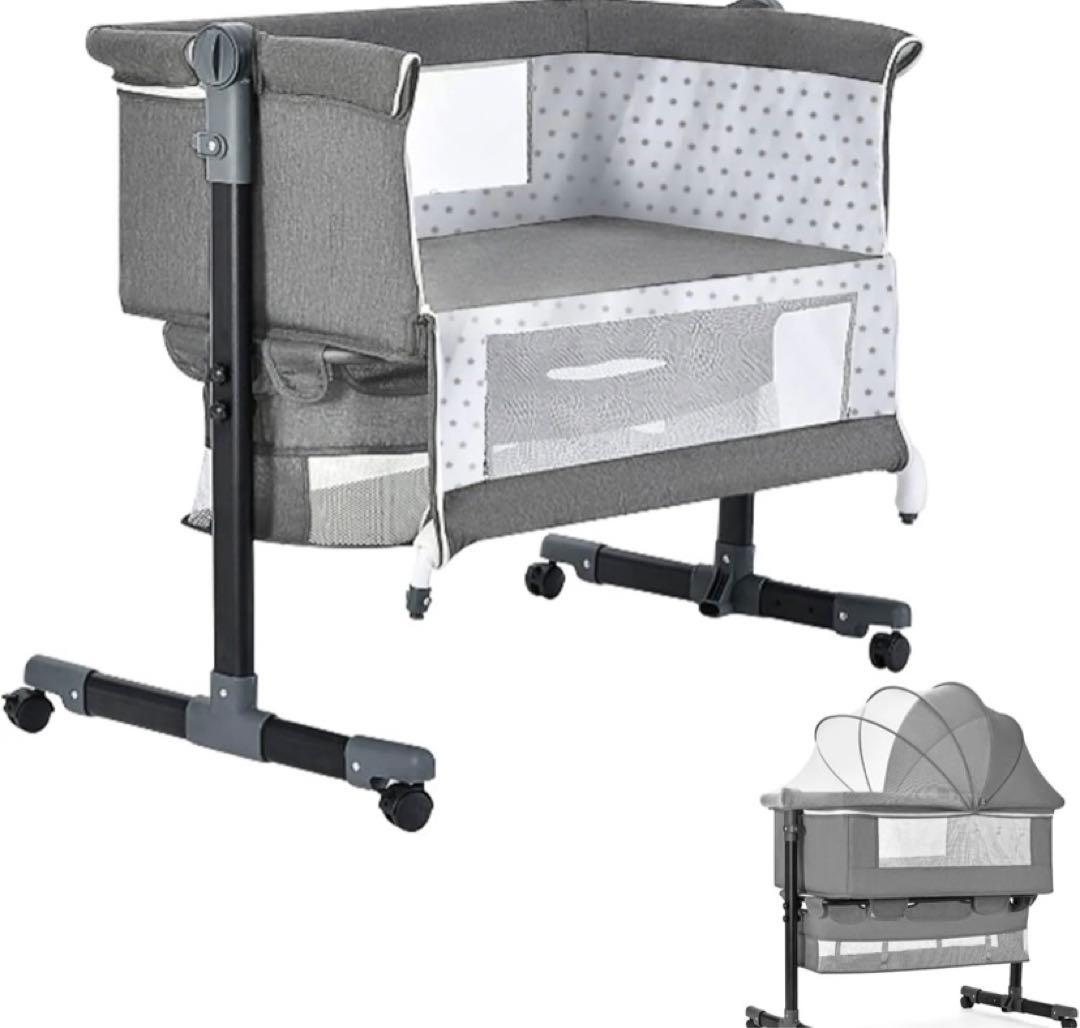 グレー 折りたたみ式ベビーベッド キャスター付き